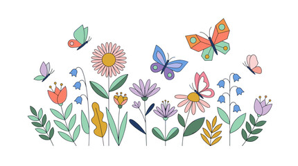 Fototapeta premium Colorful Spring Meadow with Blooming Flowers and Butterflies Fluttering Vector