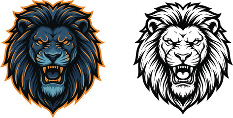 Obraz premium Two stylized illustrations of a roaring lion's head, one in vibrant color and the other in a bold black and white outline, showcasing ferocity and power.