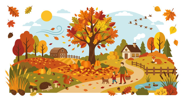 Autumn landscape with a family walking on a path past a farm and colorful trees Vector