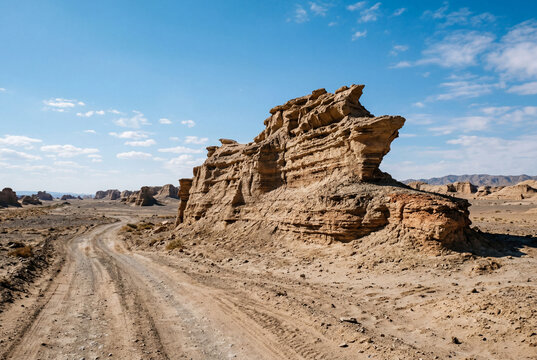 Dirt road winding past large stratified yardang rock formation in desert landscape