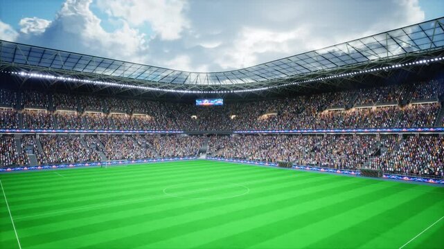 Football stadium in sunny outdoors with fans cheering during a tournament, with spectators occupying stands near a green pitch inside the arena on match day for commercial sports media. 3D render
