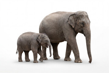 Fototapeta premium Adult elephant and a baby calf walking side by side on white