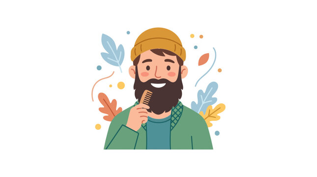 Bearded Man Combing Beard with Comb, Autumn Leaves Background