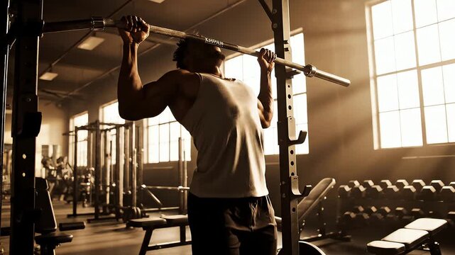 Muscular man performing pull-ups in a sunlit gym