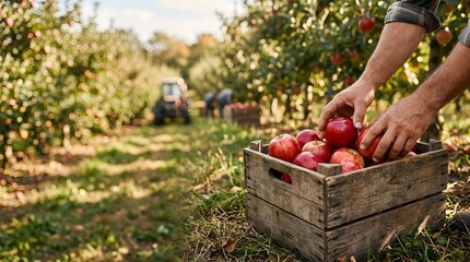 Farmer hands picking fresh organic apples into wooden crate in orchard
