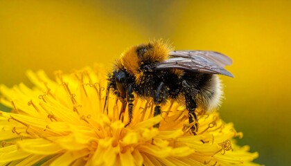 Close-up of a fuzzy bumblebee collecting nectar from a bright yellow dandelion flower © Mamad