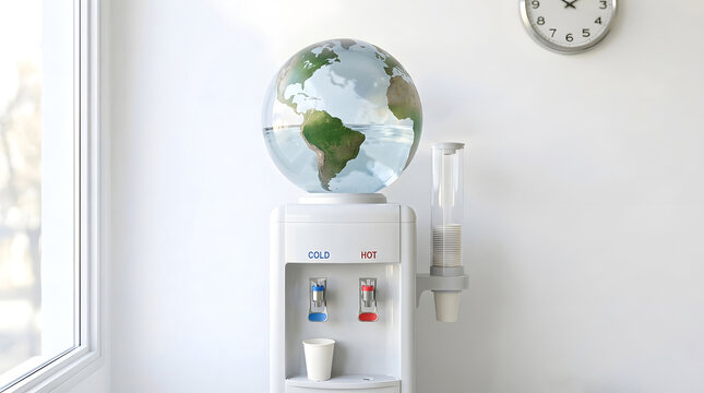 Dispensador de agua con botell&oacute;n en forma de globo terr&aacute;queo, huella h&iacute;drica e impacto ambiental