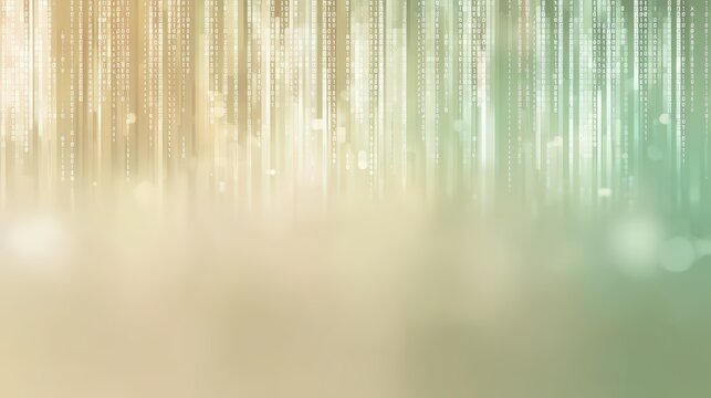 Abstract digital background with vertical streams of glowing binary code in beige and green hues, abstract combo green background for kids