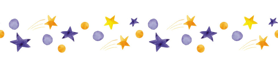 Obraz premium Watercolor seamless border with colorful stars, dots and shooting stars in a playful celestial arrangement. Perfect for nursery projects, invitations, party decorations and children's products.