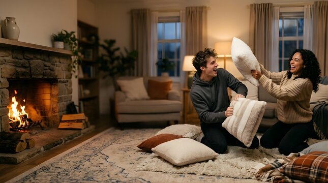Happy couple having a playful pillow fight in cozy living room by fireplace
