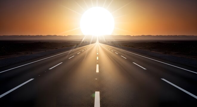 Infinite road perfectly aligned with a radiant, glowing horizon light, symbolizing a clear path forward, journey, and the bright promise of new beginnings
