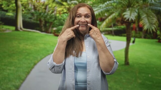 Woman points fingers to mouth, pulling cheeks to show teeth on a park path street lined with palm trees and green lawn; joy warmth connection.