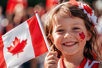 Happy Young Canadian Girl Smiling and Holding Canada National Flag, Celebrating Canada Day with Maple Leaf Face Paint, Outdoor Patriotic Summer Event