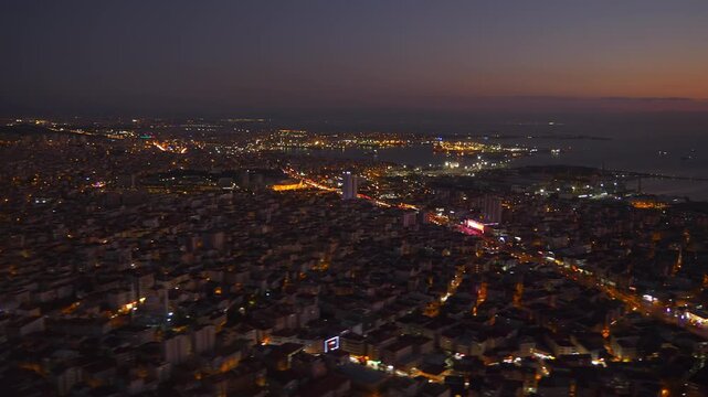 night time illumination sky muscat city traffic bay air craft flight passenger side window pov panorama 4k oman