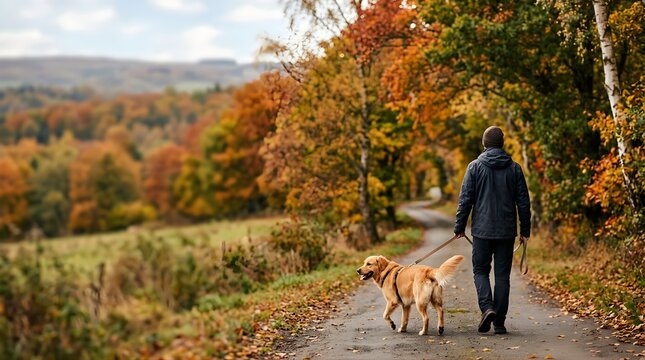 Man walking golden retriever dog on country path during beautiful autumn