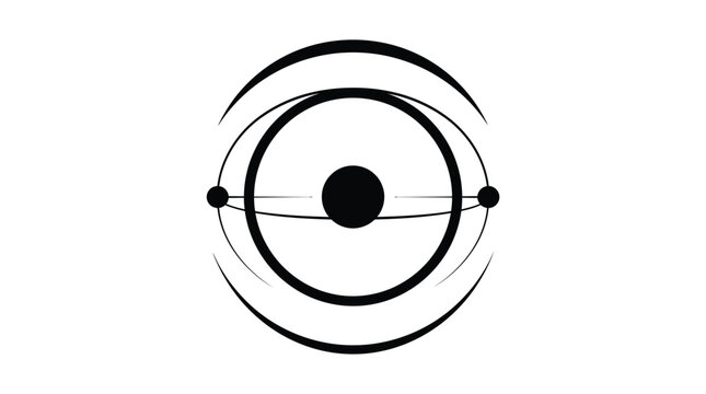 Minimalist black and white graphic symbol featuring a stylized eye icon composed of clean circular lines and geometric shapes on a stark white isolated background