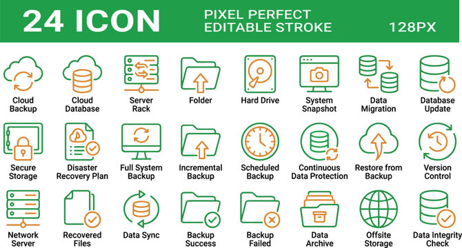 Flat line art cloud backup and data management vector icons set including server, database, incremental backup, data migration, and secure storage concepts for web use