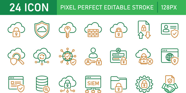 Flat line art cloud security and cybersecurity vector icons set including firewall, encryption, access control, SIEM, and secure data management concepts for web use