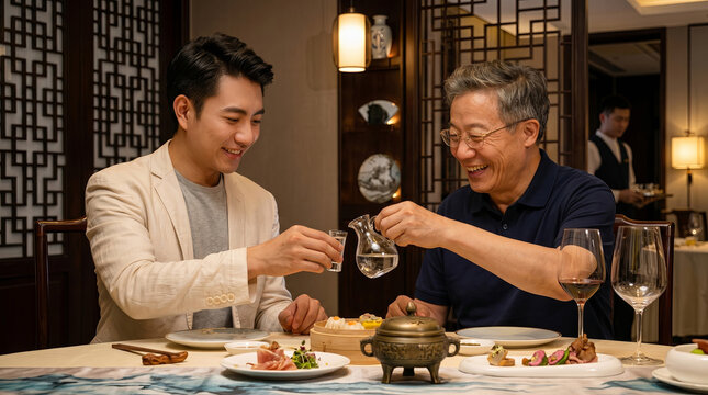 This indoor fine dining scene shows two east asian men enjoying a chinese restaurant meal, with one pouring clear liquor into a small cup while both smile warmly.