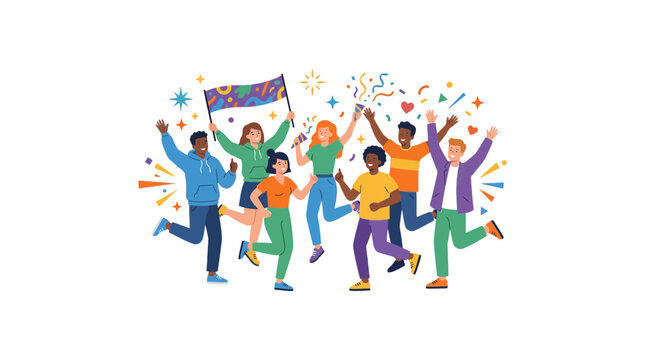 Group of Diverse People Celebrating with Joy and Colorful Confetti.
