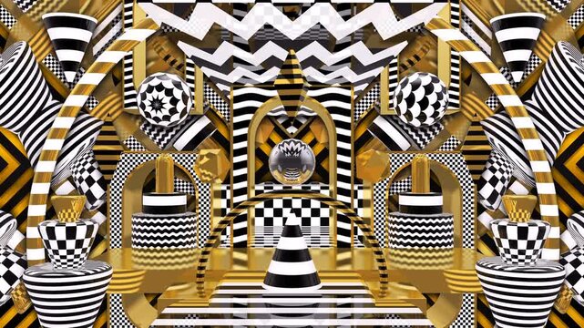 Hypnotic Symmetrical Room with Black and White Op Art Patterns and Golden Spheres
