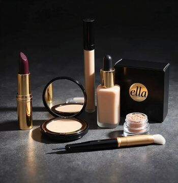 On grey table three best-selling makeup products, a concealer, an eye shadow base and an eyebrow fixer with black background, fashion item