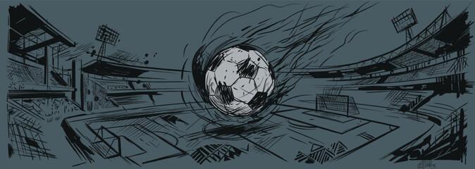 Soccer ball meteorite crashed into the middle of soccer stadium hand drawn sketch on gray background © Wasitt