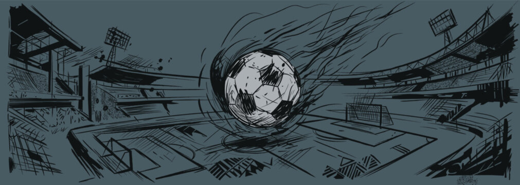 Soccer ball meteorite crashed into the middle of soccer stadium hand drawn sketch on gray background