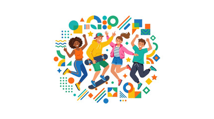 Happy Diverse Teenagers Jumping with Skateboard and Geometric Shapes © Mas