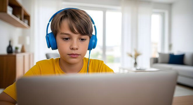 Focused Young Student Wearing Blue Headphones Using a Laptop in a Bright Living Room for E-learning and Remote Education.