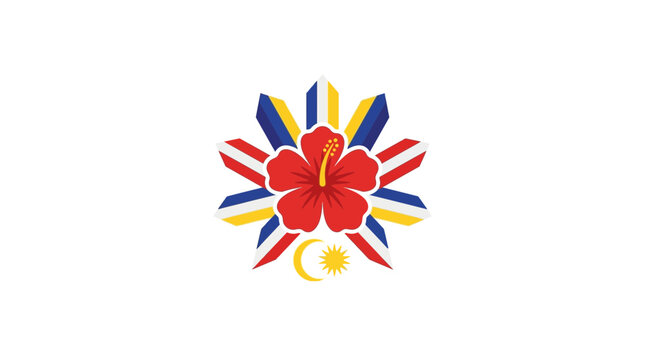 Abstract Malaysian Hibiscus Symbol with Geometric Sun and Crescent Design