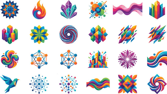Collection of Diverse Colorful Geometric Low Poly Icons and Abstract Branding Elements Vector Set