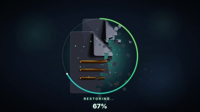 File restore animation with document reassembling from particles and circular progress ring filling