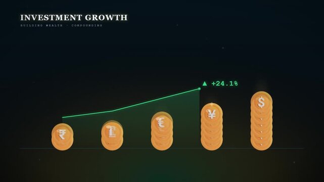 Investment growth animation with gold coin stacks rising and upward green trend line moving higher