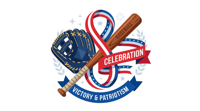 A patriotic baseball celebration emblem featuring a glove, bat, and ribbon, symbolizing victory and patriotism.