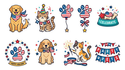 Naklejka premium Patriotic animals celebrate Independence Day with fireworks and flags.