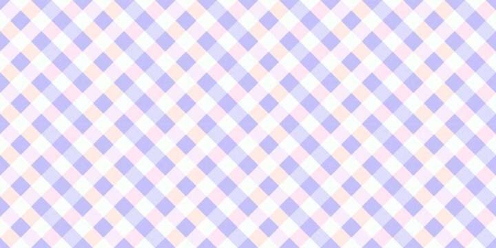 A seamless gingham plaid vector pattern illustration featuring diagonal pastel purple and pink checkered squares on a white background.