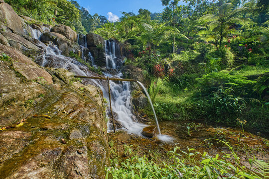 View of Curug Sijengglung waterfall cascading over large rocks surrounded by lush tropical greenery and ferns Kajoran, Magelang Regency, Central Java, Indonesia.