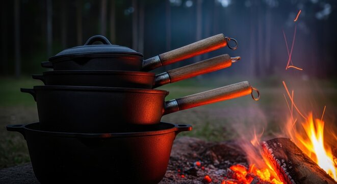Stacked Cast Iron Cookware Heating Over Open Fire in Outdoor Setting