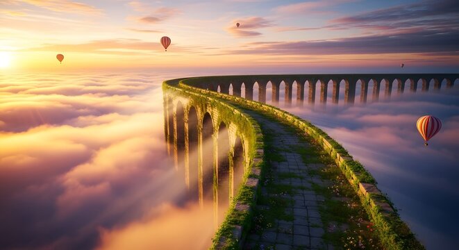 Surreal stone bridge path above clouds with hot air balloons at sunset golden hour