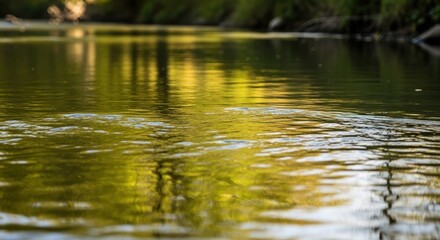 Fototapeta premium Water Rippling in Shallow Stream Surrounded by Greenery and Light