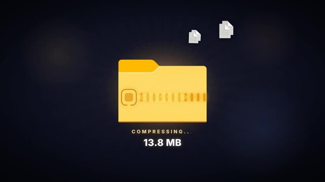 File compression animation with documents flying into a zip folder as the file size shrinks down