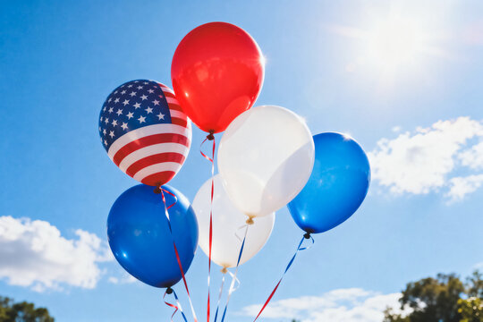 A cluster of red, white, blue and US flag themed latex balloons floating in a bright sunny blue sky with soft clouds.
