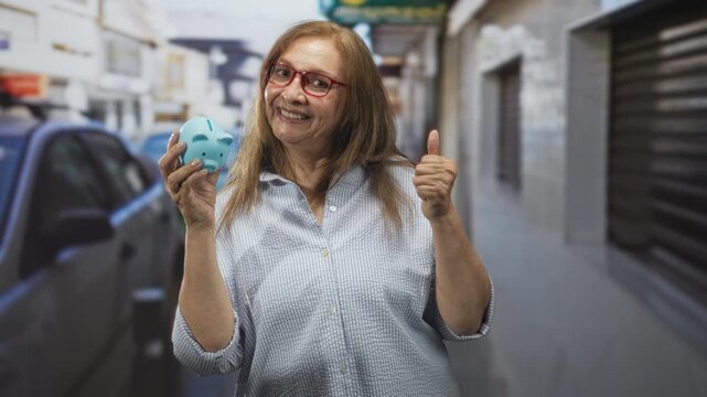 Senior hispanic woman holding a blue piggy bank and showing thumbs up on a city street with parked cars and storefronts; savings optimism.