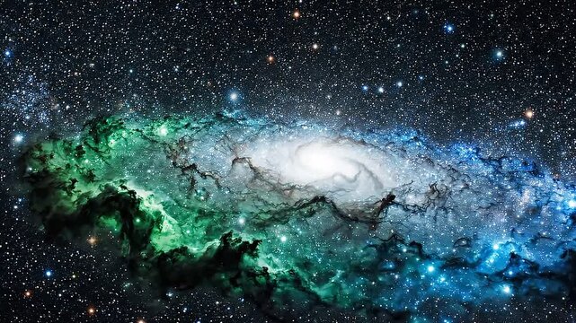 Stunning Spiral Galaxy with Vibrant Green and Blue Nebula Rotating in Deep Space, Slow Zoom In Cosmic Exploration