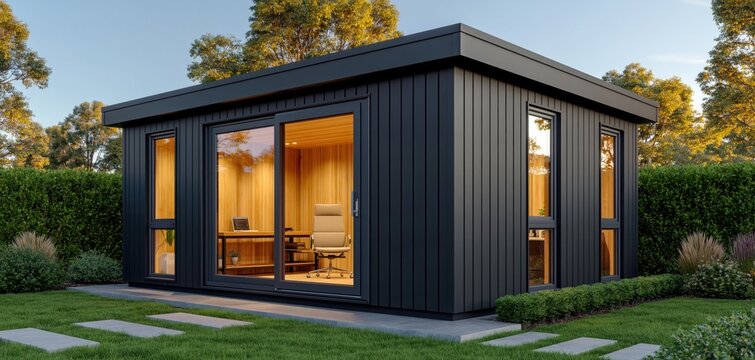 Office pod in a modern garden backyard featuring contemporary architecture studio