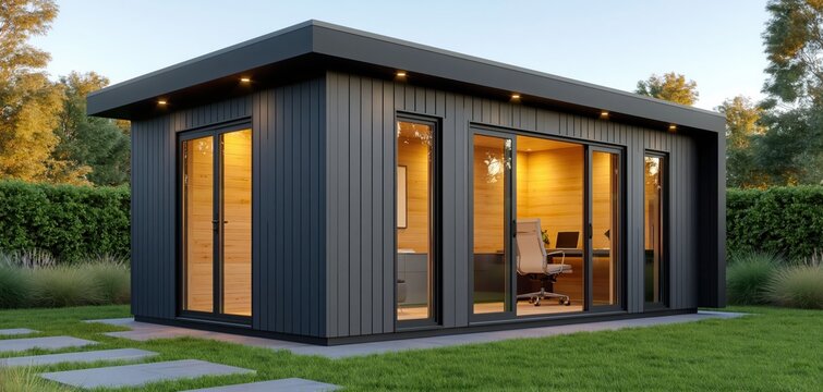 Garden office studio with modern architecture and contemporary backyard home design