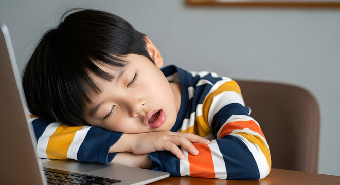 Tired Student Young Asian Boy Sleeping on a Laptop Keyboard Ideal for Education Burnout or Digital Fatigue Concepts.