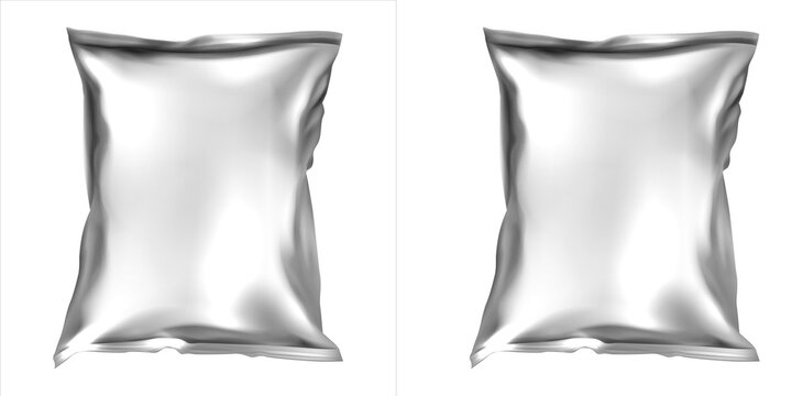Blank silver foil snack bag mockup template, empty food pouch packaging isolated on transparent background