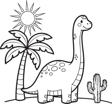 Dinosaur coloring page vector silhouette of a smiling brontosaurus with palm tree and cactus